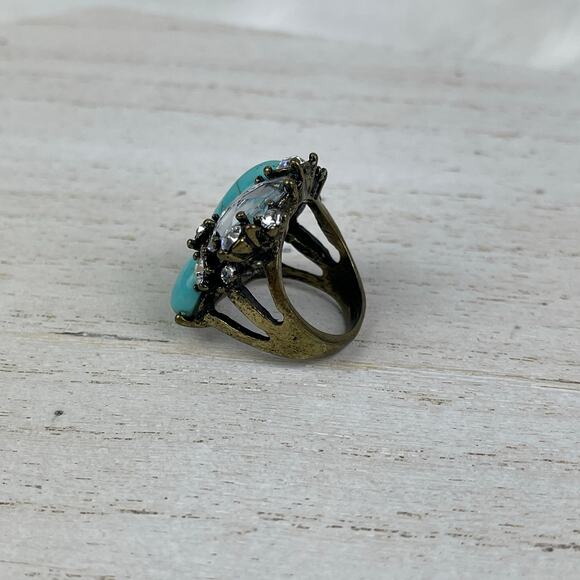 VTG Y2K Urban Outfitters Turquoise Howlite Rhinestone Statement Ring Gold 6-6.5 - Picture 5 of 16